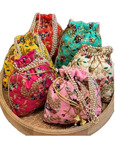 Designer Women Potli Bags - Rajasthan batwa for Wedding and Parties - Indian Ethnic Designer Embroidered Silk Pouch Bag- Handle Purse Clutch Purse for Women - Batwa Pearls Handle Bag, Pack of 20