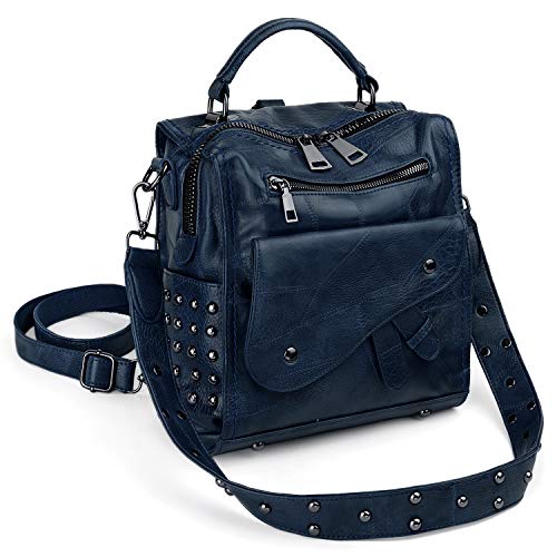UTO Women Studded Backpack Purse PU Leather Convertible Ladies Rucksack Zipper Pocket Crossbody Shoulder Bag Blue