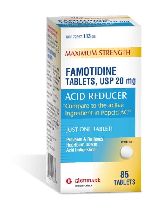 Glenmark Maximum Strength Famotidine Tablets 20 mg, Acid Reducer for Heartburn Relief, 85 Count