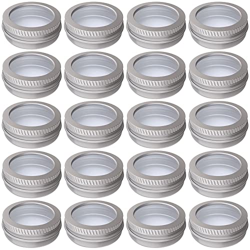 1 Ounce Aluminum Tin Jar 30 ml Refillable Containers Clear Top Screw Lid Round Tin Container Bottle 20 Pcs for Cosmetic,Lip Balm, Cream