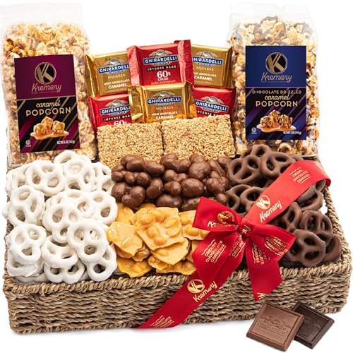Kremery - Milk Chocolate Covered Pretzels Gift Basket in Reusable Seagrass Tray + Ribbon (Large 3.5 LB) Caramel Popcorn Peanut Brittle Cashews - USA Made