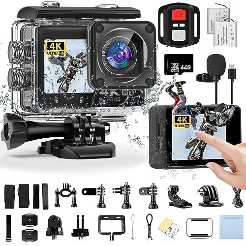 4K Action Camera, Sports Video Camera WiFi with Touch Screen Dual Screen 131FT Underwater Camera Waterproof, EIS 2.0, 170° Wide Angle, Zoom, 2 Batteries and Accessory Kits for Vlog