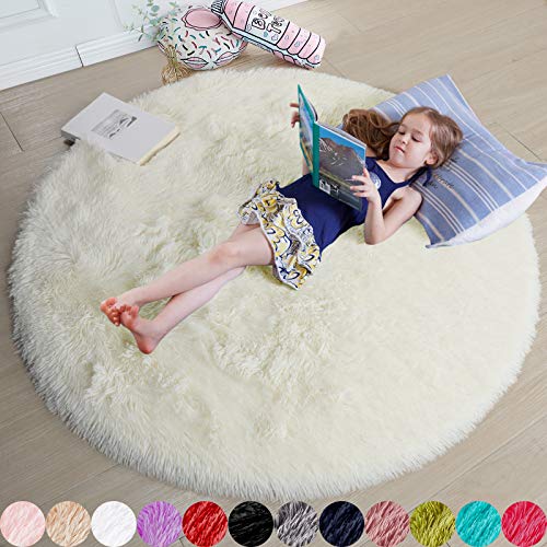 Ivory Round Rug for Bedroom,Fluffy Circle Rug 5'X5' for Kids Room,Furry Carpet for Teen's Room,Shaggy Circular Rug for Nursery Room,Fuzzy Plush Rug for Dorm,White Carpet,Cute Room Decor for Baby