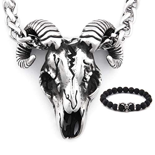 Gungneer Stainless Steel Ram Skull Pendant Necklace Cool Satanic Devil Symbol Satan Jewelry Accessory Men Women