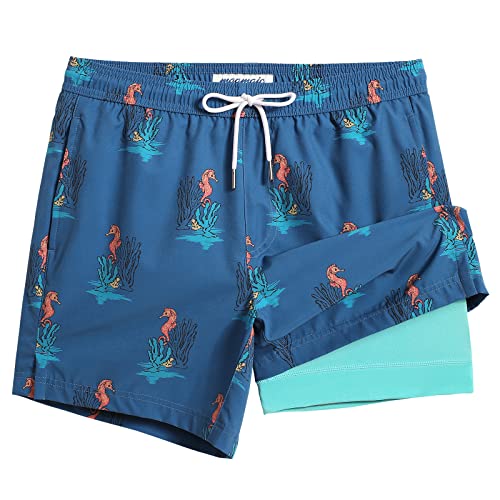 maamgic Mens 5 Inch Stretch Swimming Shorts Compression Liner Swim Trunks Quick Dry Swimwear Bathing Suits Boardshorts Beach Wear Swim Suits Sea Horse Blue Small