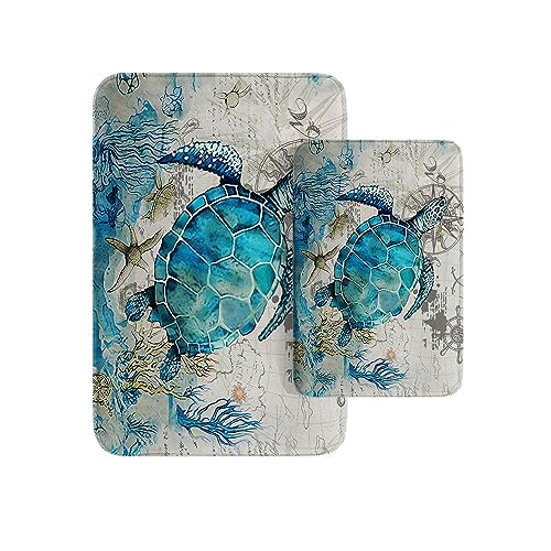 Britimes Bathroom Rug Mat Set of 2, Bathroom Mats Rugs No Silp sea Turtle Teal Ocean Bath Mat Bathroom Decorations Carpets 16x24 and 20x32 Inches for Kitchen Bedroom Indoor