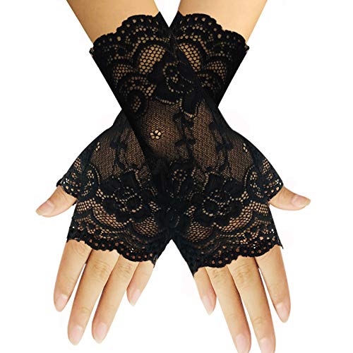 monochef Women Short Lace Gloves Sunblock Fingerless Bridal Wrist Floral Opera Evening Party Wedding Tea Prom Cosplay 1920s for Ladies and Girls, Black (Black)