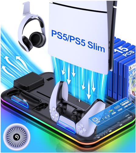 PS5 Slim Stand and Turbo Cooling Station with Controller Charging Station for Playsation 5, PS5 Accessories Kits Incl. 3 Levels Cooling Fan, RGB LED, 15 Game Slot, Headset Holder for PS5 Digital/Disc