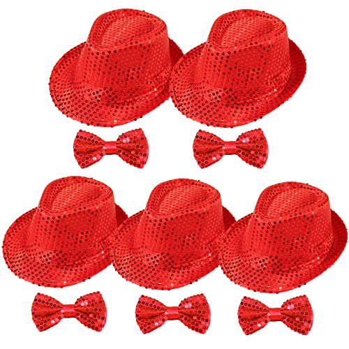 10 Pcs Unisex Sequin Fedora Hat Sequin Bow Ties Set Bling Retro Dance Jazz Cap Funky Party Costume Fedora(Large, 5Pack Red)