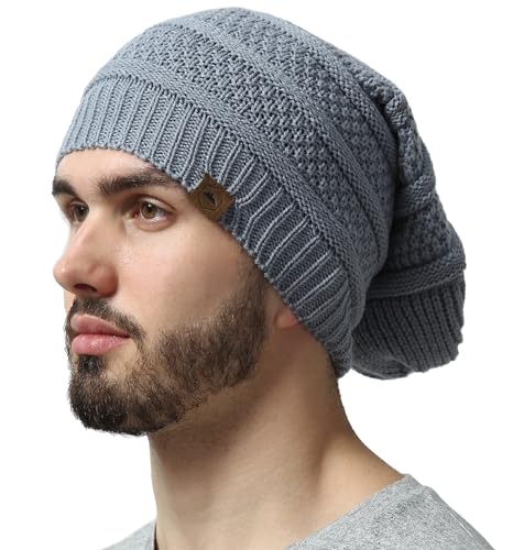 Tough Headwear Slouchy Beanie Hats for Women, Oversized Mens Beanie Hat, Knitted Beanie, Running Gear for Men,Womens Fall Hat Light Gray