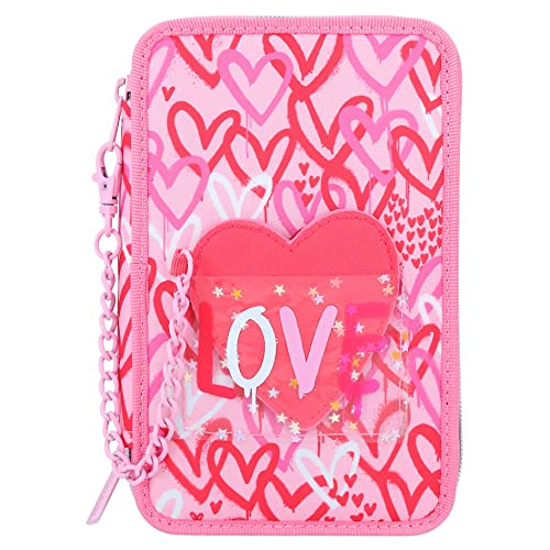 Depesche 12258 TOPModel One Love Filled 3-Compartment Pencil Case with Hearts in Red and Pink, Pencil Case with Coloured Pencils, Ruler, Scissors and Much More, Pink