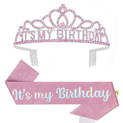 Birthday Crown Adult Woman & Glitter Its My Birthday Sash for Women Birthday Tiara for Women Birthday Hat Birthday Girl Crown Pink Crown for Women Parties Favors Pink Birthday Decorations Gift