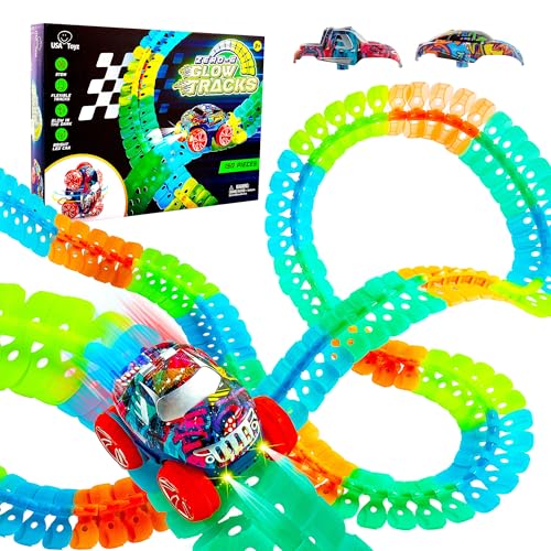 USA Toyz Zero-G Glow Race Track for Kids- 150pcs Glow in the Dark Flexible Race Car Track Set with Suction Cups, Slot Car, 2 Graffiti Toy Cars Shells, STEM Toy LED Car Tracks for Boys and Girls Age 3+