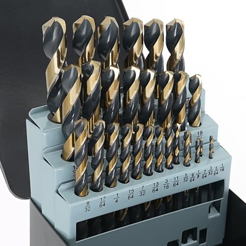 BeHappy Drill Bit Set 29Pcs, High Speed Steel Carbide Drill Bits, Twist Jobber Metal Drill Bits for Steel, Hardened Metal, Cast Iron, Plastic, Wood, Indexed Storage Case, 1/16'-1/2', Black and Gold