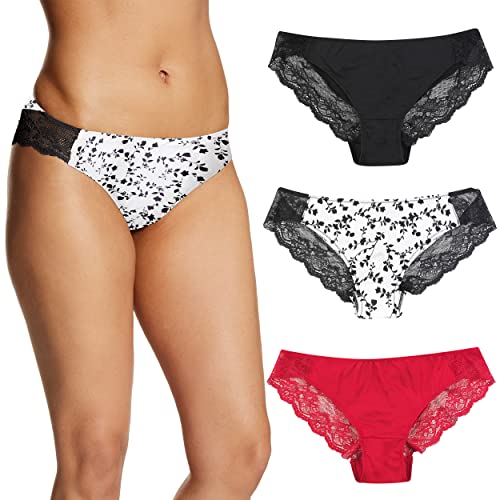 Maidenform Women's Underwear, Lace Tanga, Cheeky Panties, Solid or Assorted, 3-Pack, Black/Floral Delight/Camera Redy