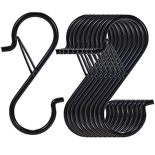 12 PCS S Hooks for Hanging with Safety Buckle, 3.5 inch Heavy Duty Metal S Shaped Hooks for Kitchen Utensil, Cups, Pots, Plants, Bags, Hats (Black)