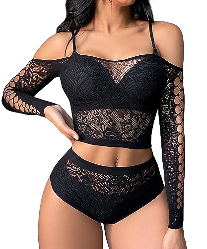 Buitifo Womens Lingerie Set Fishnet Babydoll Bodysuit Sexy Nightwear（Black T50A,M