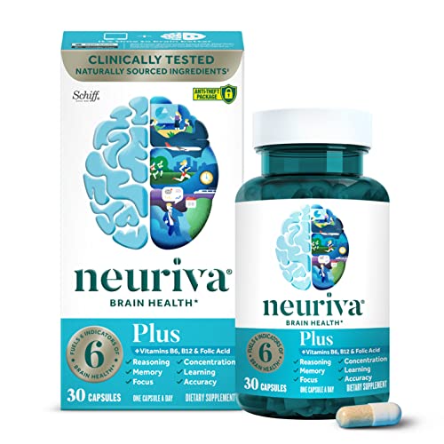 NEURIVA Plus Brain Supplement for Memory and Focus Clinically Tested Nootropics for Concentration for Mental Clarity, Cognitive Enhancement Vitamins B6, B12, Phosphatidylserine 30 Capsules
