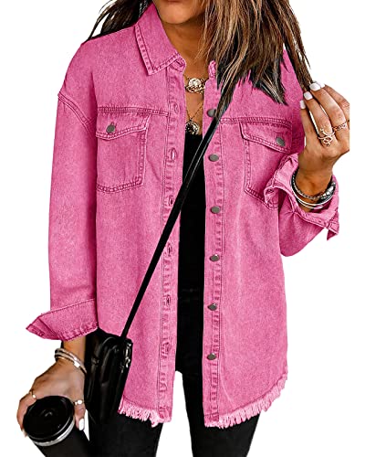 Vetinee Women's Pink Coats for Women Oversized Boyfriend Magenta Pink Front Button Up Frayed Raw Hem Long Sleeve Pockets Denim Jean Jacket Shacket Medium Size 8 Size 10