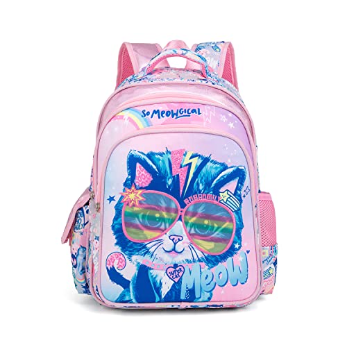 Robhomily Girls Backpack Kids Backpacks for Girls in Preschool Kindergarten Elementary School,Cute Cat Backpack for Girls 4-8 Lightweight Kawaii School Backpack 16 inch