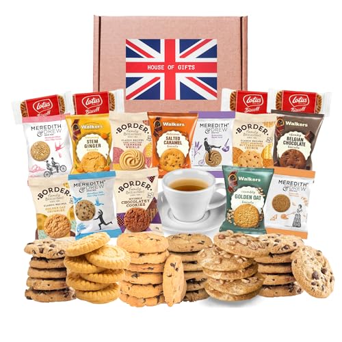 British Biscuit Cookies Gift Hamper with Walkers Shortbread Cookies, Borders Biscuits and Meredith and Drew British Biscuits Snacks & Lotus | individually wrapped - 28 Single Biscuits Total