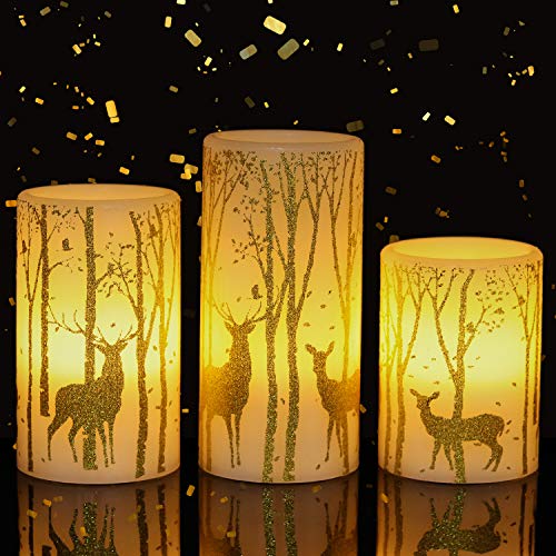 GenSwin Flickering Flameless Candles Battery Operated with 6 Hours Timer, Real Wax Led Pillar Candles Deer Decal Warm Light, Pack of 3 Christmas Home Decor