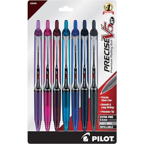 Pilot, Precise V5 RT Refillable & Retractable Liquid Ink Rolling Ball Pens, Extra Fine Point (0.5 mm) Assorted Ink Colors, Pack of 7