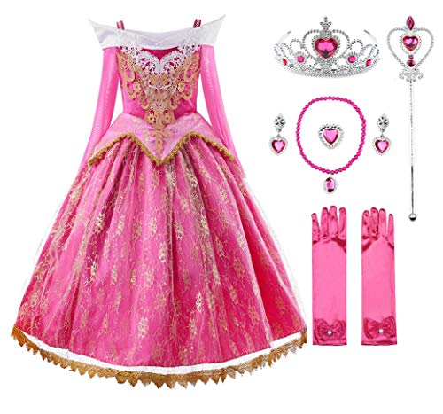 JerrisApparel Girls Pink Princess Costume Halloween Cosplay Party Dress up (Pink with Accessories, 5)