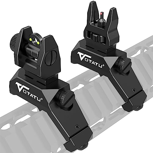 VOTATU V3 Fiber Optic Offset Iron Sight - 45 Degree Angled Flip Up Sights Front and Rear Backup Sites with Green Red Dot for Picatinny Mount, Spring-Loaded and Tool-Less Adjustment
