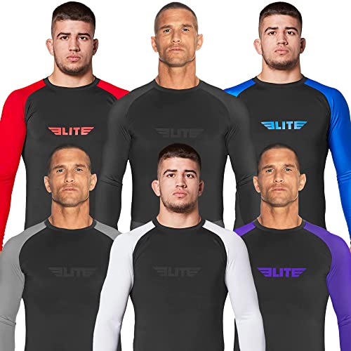 Elite Sports Jiu Jitsu BJJ Rash Guard Men’s BJJ No GI MMA Ranked Full Sleeve Compression Rash Guards Blue