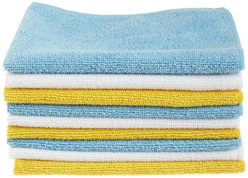 Amazon Basics Microfiber Cleaning Cloths, Non-Abrasive, Reusable and Washable, Pack of 24, Blue/White/Yellow, 16' x 12'