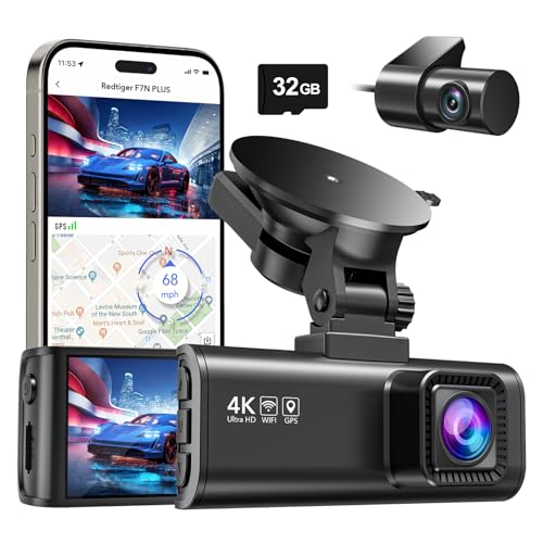 REDTIGER Dash Cam Front Rear, 4K/2.5K Full HD Dash Camera for Cars, Included 32GB Card, Built-in Wi-Fi GPS, 3.16” IPS Screen, Night Vision, 170°Wide Angle, WDR, 24H Parking Mode