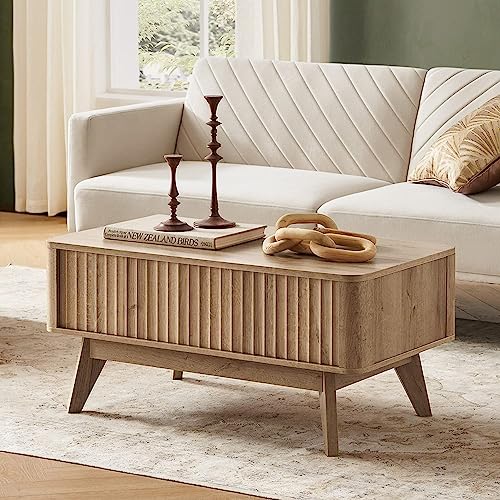 mopio Brooklyn Mid-Century Modern Lift Top Coffee Table, Waveform Panel with Hidden Storage, Sleek Curved Profile Lift Tabletop Dining Table (Golden Oak, Coffee Table)