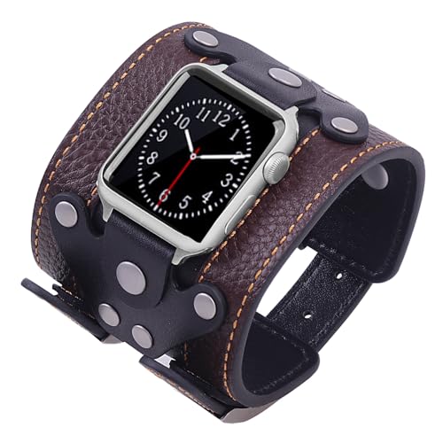 VIKOROS Wide Leather Cuff Compatible with Apple Watch Series 9 8 7 6 5 4 3 2 Ultra 49mm 45mm 44mm 42mm Band for Men, Western Apple Watch Bands for Women Gothic, Punk Goth Military Viking Bracelet
