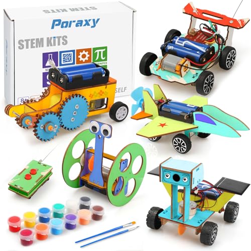 Poraxy 5 in 1 STEM Model Car Kits, STEM Projects for Kids, Boys Toys Age 8-10, 3D Wooden Puzzles, Crafts Educational Science Building Kit, Birthday Gifts for 8 9 10 11 12 Year Old Boys and Girls