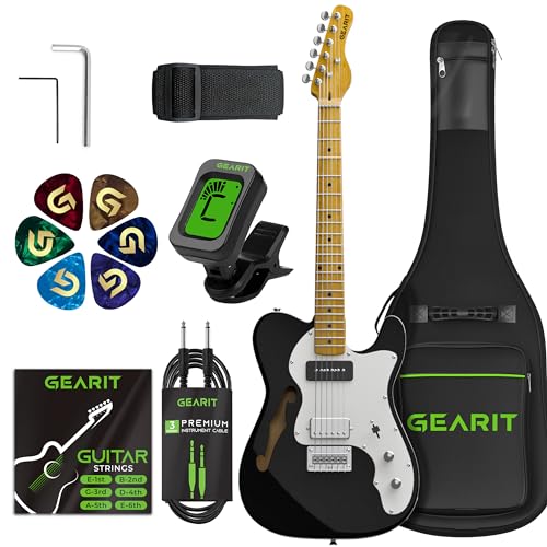 GearIT Electric Guitar (Premium Ash Tonewood),Thinline Semi-Hollow Body, GTL-200 Shoreline Series, 39in Full-Size, P90 Pickup, Humbucker with Coil Split, Round Frets, Accessories - Black