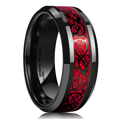 King Will Men's 8mm Red Carbon Fiber Black Celtic Dragon Tungsten Carbide Ring Comfort Fit Wedding Band (10.5)