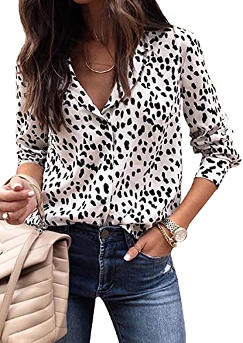 ECOWISH Womens V Neck Leopard Casual Print Tunic Long Sleeve Button Down Shirt Tops 235White M