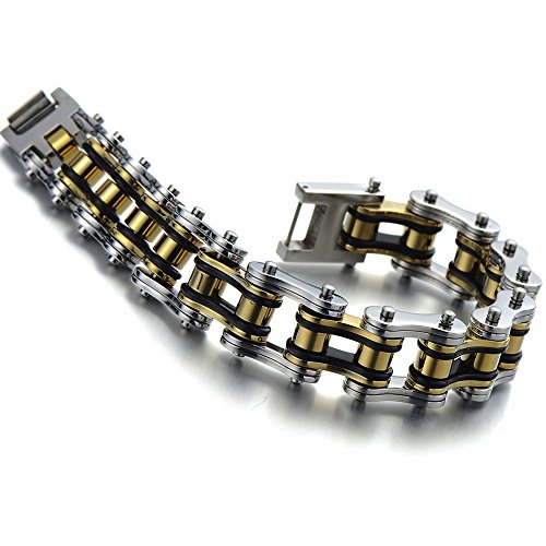 COOLSTEELANDBEYOND Heavy and Study Mens Fancy Bike Chain Bracelet Stainless Steel Silver Gold Black Tri-tone High Polished