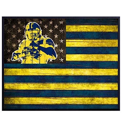 Michigan Football Wall Art Print - Go Blue Patriotic Flag Poster - Gift for Men, U of M, Wolverines, College Sports Fans - Home Decor for Dorm Room, Office, Shabby Chic 8x10 Photo Unframed