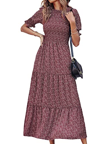 BTFBM Women Casual Summer Dresses 2024 Spring Crew Neck Ruffle Short Sleeve Floral Print Smocked Boho Flowy Maxi Dress(Floral Wine Red White, Medium)