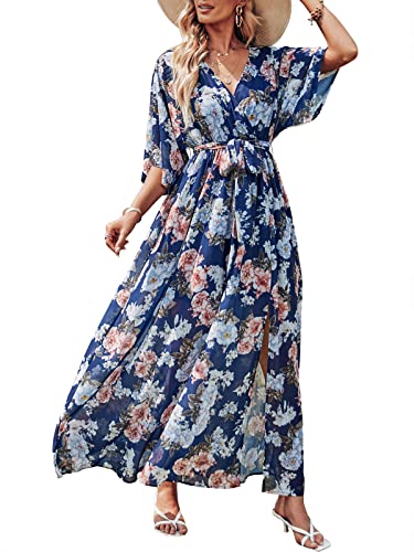 ANRABESS Women's Kimono V Neck Floral Chiffon Dress 3/4 Sleeve Beach Cover Up Split Maxi Dress with Belt 487lanmudan-L