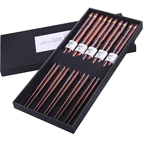 GLAMFIELDS Reusable Chopsticks Japanese Natural Wooden Classic Style 5 Pairs Lightweight Hand-Carved Safe Chop Sticks 8.8 Inch/22.5cm Gift Set