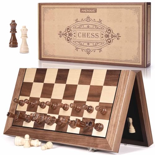 AMEROUS 15 Inches Magnetic Wooden Chess Set with 2 Extra Queens/Folding Board/Chess Pieces Storage Slots/Instructions, Portable Travel Chess Game for Beginner/Classic Board Game