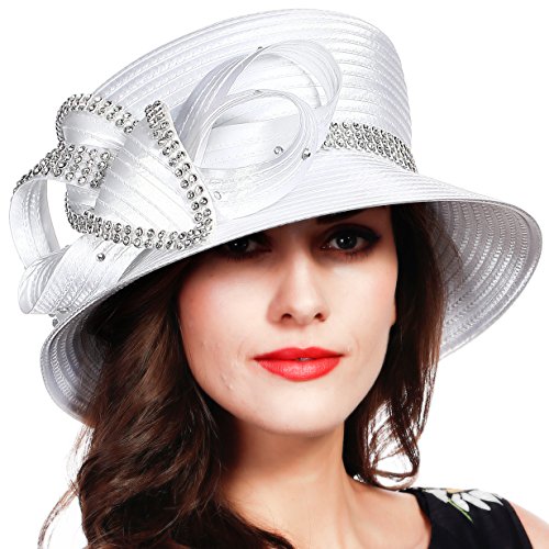FORBUSITE Church Kentucky Dress Derby Hats for Women White - Satin w Rhinestone