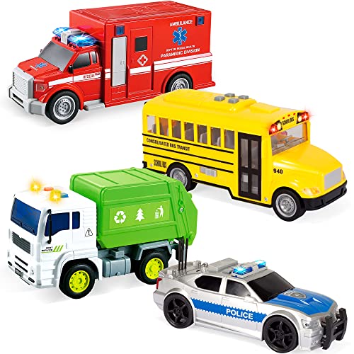 JOYIN 4 Pcs 7' Long Vehicle Toy Set, Toddlers Cars with Lights and Siren Sound, Including Play Police Car, School Bus, Toy Garbage Truck, Ambulance Toy, Birthday Party Gifts Toys for Boys 3-5