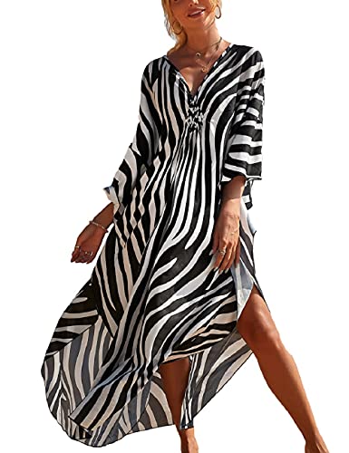 Bsubseach Long Zebra Print Half Sleeve Kaftan Swim Cover Up for Women Swimsuit Coverups Beach Dress