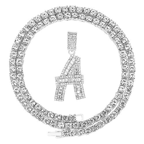 Bling Silver Gold Baguette Initial Letter Necklaces for Men Women Iced Out Diamond Pendant Tennis Chains Hip Hop A-Z 22 Inch (A-Silver, & Tennis)