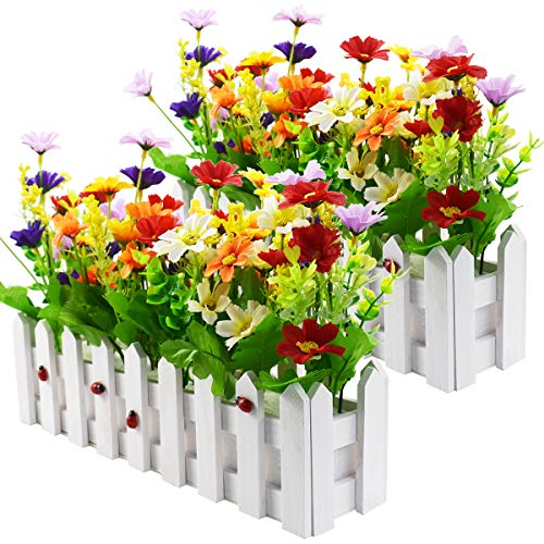 XONOR Artificial Flower Plants - Mixed Color Daisies in Picket Fence Pot for Indoor Office Wedding Home Decor, 2 Sets