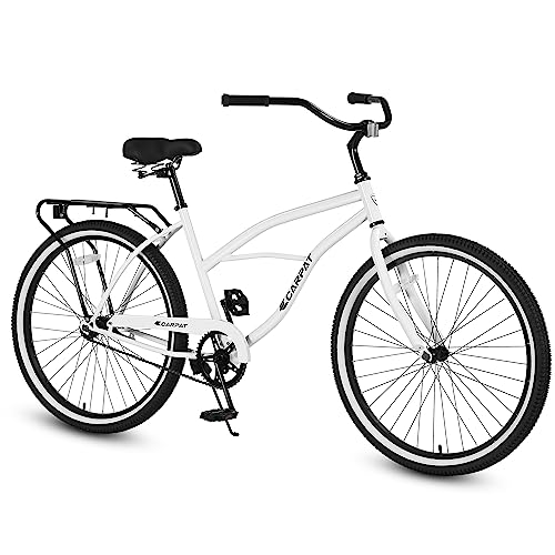 S26204 26 Inch Beach Cruiser Bike for Men and Women, Steel Frame, Single Speed Drivetrain, Upright Comfortable Rides, Multiple Colors (White)